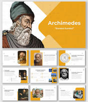 Slide deck with yellow accents detailing Archimedes life, achievements in mathematics, physics, and his inventions.