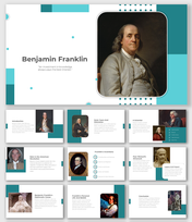 A pack of Benjamin Franklin slides featuring a portrait and sections on his early life, contributions, and legacy.