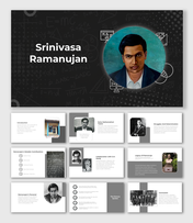 Portrait of Srinivasa Ramanujan on a slide deck with math-themed background and previews.