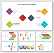 Technical SEO Benefits slide with diamond shapes highlighting six areas from improved visibility to issue prevention. 