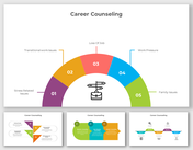 Career counseling slide deck with colorful arc shaped segments, icons, and arrows showing different challenges.