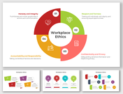 A pack of workplace ethics slides with various colored design layouts with icons and text descriptions.