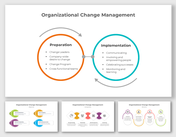 A pack of organizational change management slides illustrating key phases with different colorful layout designs and icons.