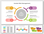 Collection of vendor process slides having numbered sections in distinct colors with corresponding icons and caption areas.