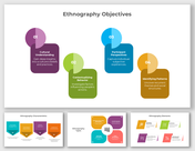 Ethnography objectives slides with four colorful sections and different layout designs with icons and text descriptions.