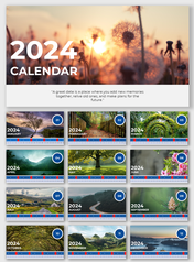 2024 calendar layout slides featuring beautiful scenic backgrounds for each month, with motivational quotes about memories.