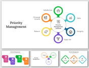 Slide pack on priority management with various layouts, including circular icons and flowcharts, in vibrant colors.