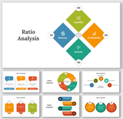 Slide deck showcasing ratio analysis elements with colorful geometric designs and icons, highlighting financial metrics.