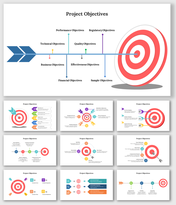 Slide deck on project objectives featuring a bullseye target, colorful arrows, and categories like business and performance.