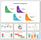 Pack of slides on stakeholder management, with colorful icons, curved shapes, and various flow diagrams.