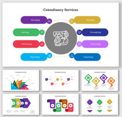 Consultancy services slides highlighting key service areas in different colorful layout designs with icons and text.