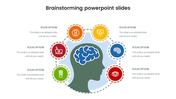 A brainstorming slide with six options surrounding a central head and brain illustration with colorful icons and captions.