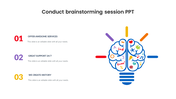 Brainstorming session slide showing three key points with a colorful brain diagram with icons and text areas.