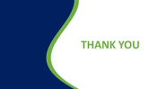 A thank you slide with a blue and white background separated by a green curved line, with text.