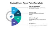 Project costs slide showing a half circular four-step process with colorful numbered sections, icon, and text descriptions.