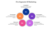 Diagram showing five key segments of marketing, arranged in a circular pattern from  Geographics to Firmographic.