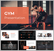 Gym PPT slides showcasing fitness programs, membership pricing, personal training, and client testimonials.