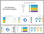 Collage of slides with a key symbol, displaying key takeaways with various colorful layouts, icons with text area.