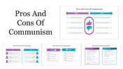 Slide deck comparing the pros and cons of communism, using thumbs up and down icons and contrasting colors.