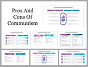 Slide deck comparing the pros and cons of communism, using thumbs up and down icons and contrasting colors.