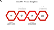 SmartArt process template with four red hexagons each with corresponding icons and text areas.