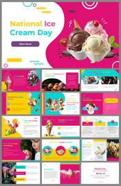 National ice cream day slide deck with vibrant colors, featuring images and content on  flavors, culture, and history.