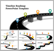 Set of slides with different views of a timeline road, featuring winding paths and colorful location markers.