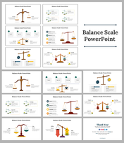 Slide deck featuring various balance scale illustrations, with icons, charts, and text boxes to convey comparisons.