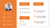 Professional resume slide featuring a profile photo with many sections on an orange and white background.