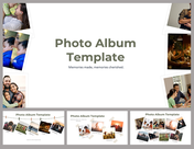 Photo album template slide featuring various family and travel photos arranged around a central title area.