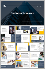 Slide deck on business research with a corporate design, covering processes, methodology, and data collection.