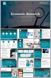 Economic research slides on introduction, research methodology, data sources, and analysis, with thematic graphics.