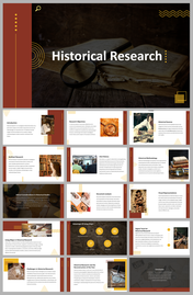 Slide pack with a vintage brown theme featuring images of books and magnifying glasses, focused on historical research.