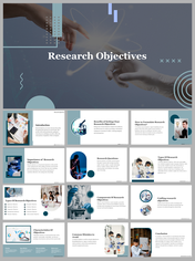 A slide deck titled research objectives with multiple slides featuring research-related images and content.