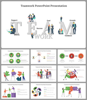 Slide pack with teamwork visuals, starting with letters and illustrations, followed by various teamwork related diagrams.