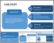 Case study slide deck with a layout that outlines the problem, solution, and results, with icons and text in blue boxes.