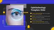 Ophthalmology slide with an eye graphic and key areas such as retina, glaucoma, and external disease listed.