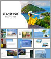 A pack of vacation covers featuring travel tips and destination slides with a woman in a yellow dress with text descriptions.