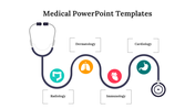 Medical slide showcasing various fields like dermatology, cardiology, radiology, and immunology with color coded icons.