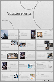 White and gray slide deck with geometric shapes and images of business teams, showcasing company mission and services.