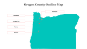 Teal Oregon map highlighting Portland, Salem, Eugene, Hillsboro, and Oregon City with red dots and labels.