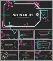 Slide deck with neon themed visuals, featuring bright, glowing arrows and shapes, discussing success strategies.