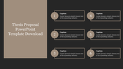 Thesis proposal template with a minimalist layout, featuring six numbered captions on a black background.