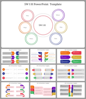 A pack of slides featuring a 5W1H model with colorful circles for who, what, when, where, why, and how.