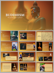 Buddhism slide deck with a warm golden background, featuring Buddha statues, highlighting the life and mindfulness.