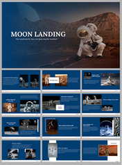 A pack of moon landing slides covering various related topics with text descriptions on a blue theme with astronaut images.