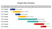 Gantt chart format with tasks represented by colored bars, showing project progress from January to December.