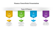 slide with four vertical banners in yellow, green, blue, and purple, each with icons describing finance concepts.