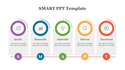 SMART goals slide featuring five steps each with individual color coded icons and descriptions.