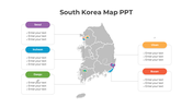 Map of South Korea in gray, showing five cities with colored labels and text boxes for city specific information.